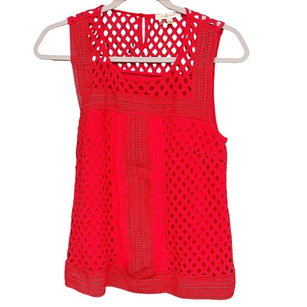 Skies Are Blue Orange Red Crochet Lace Sleeveless Top Boho Blouse Size‎ M